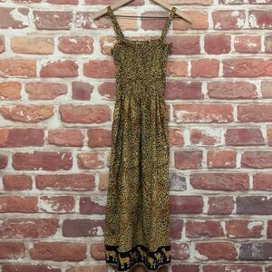 Just Love Dress Womens Medium Tan Black Cheetah Safari Animal Print Smocked Midi